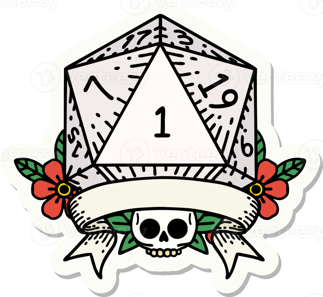 sticker of a natural one d20 dice roll png