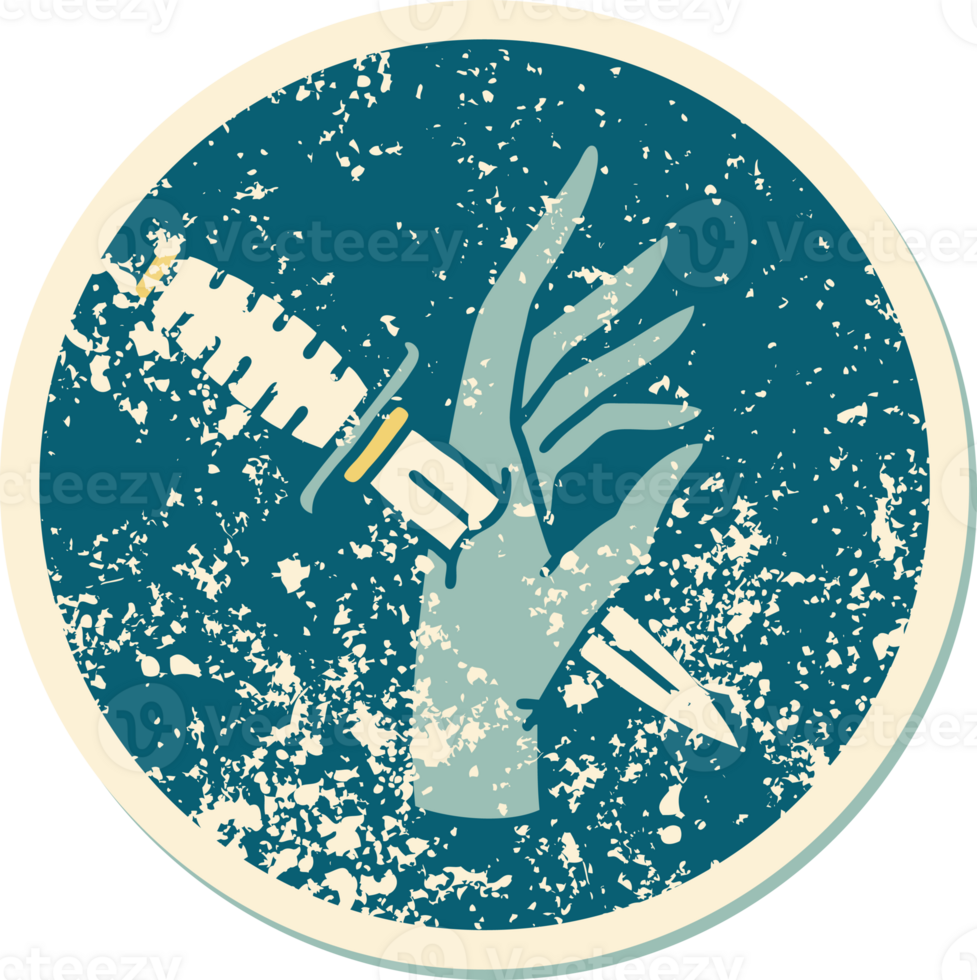 iconic distressed sticker tattoo style image of a dagger in the hand png