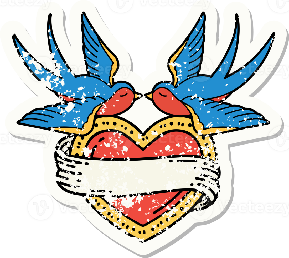distressed sticker tattoo in traditional style of swallows and a heart with banner png
