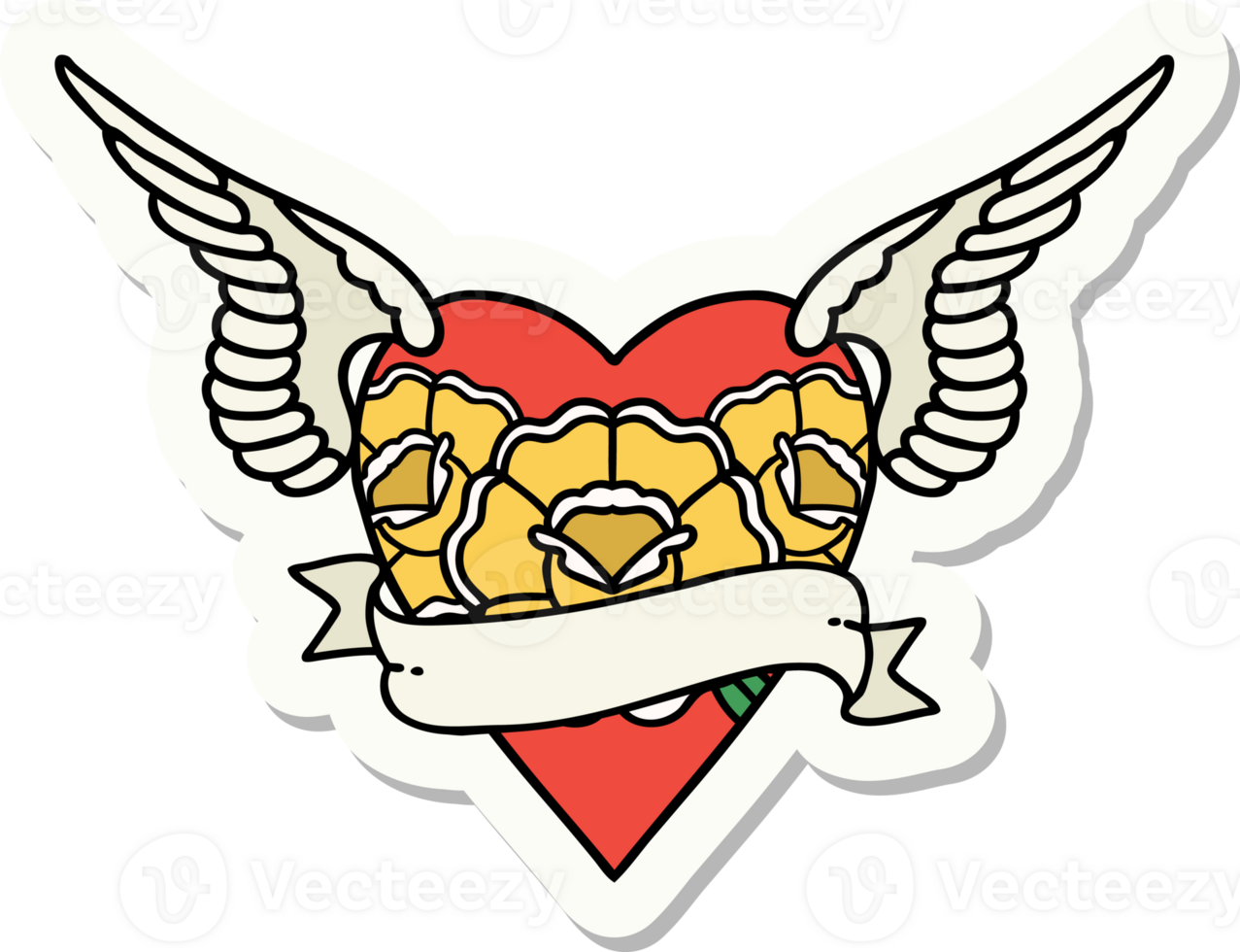 sticker of tattoo in traditional style of heart with wings flowers and banner png