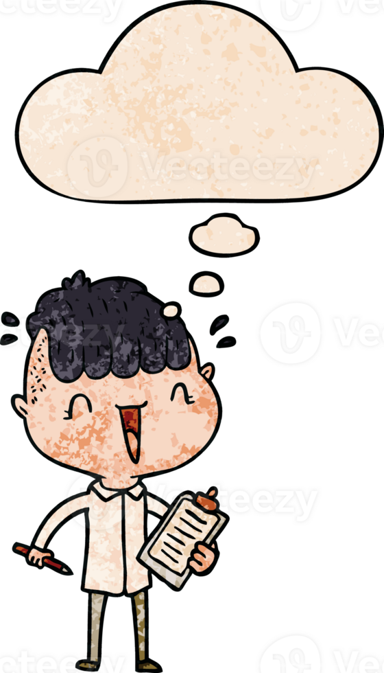 cartoon happy boy surprised with thought bubble in grunge texture style png