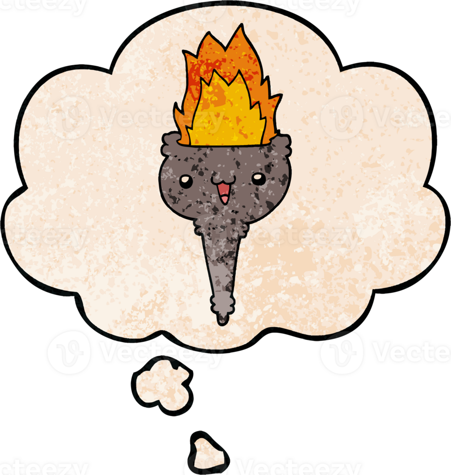 cartoon flaming chalice with thought bubble in grunge texture style png