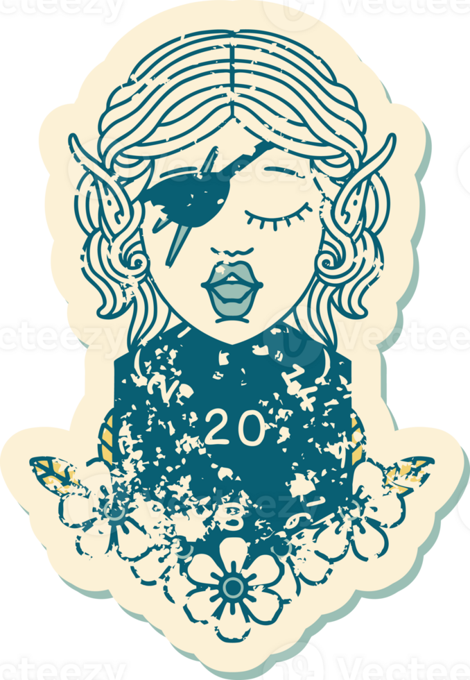 Retro Tattoo Style elf rogue character with natural twenty dice roll png