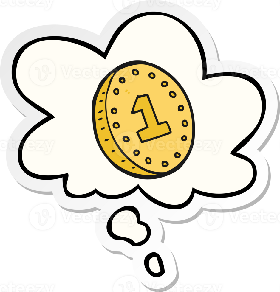 cartoon coin with thought bubble as a printed sticker png