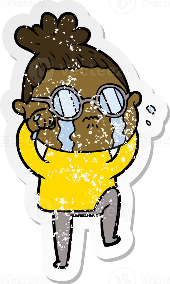 distressed sticker of a cartoon crying woman wearing spectacles png