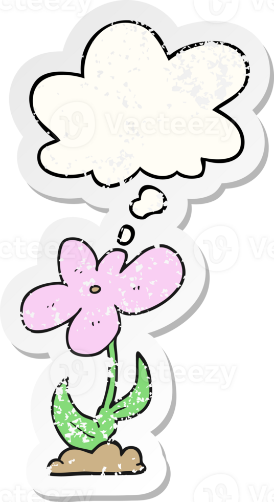 cartoon flower with thought bubble as a distressed worn sticker png