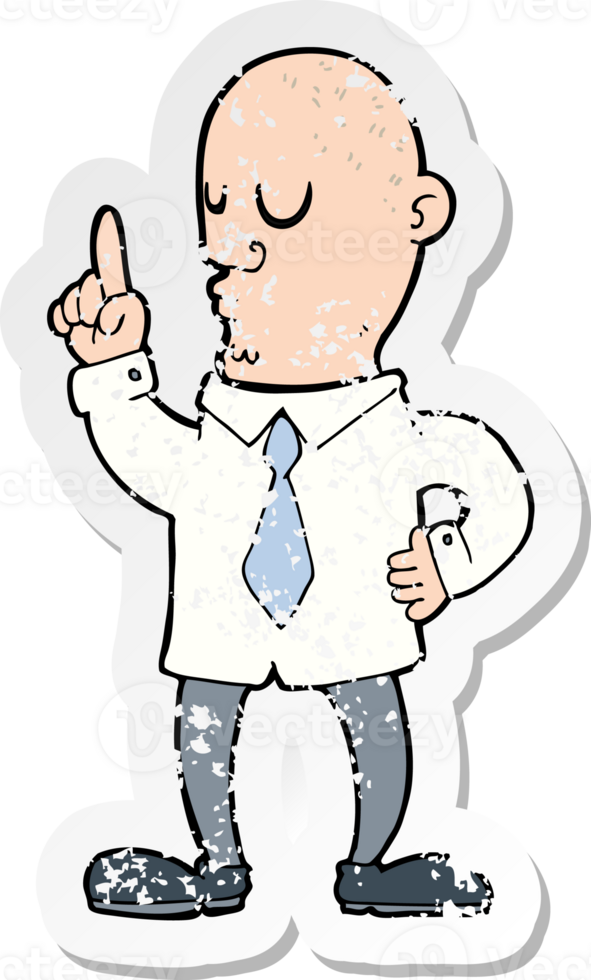 retro distressed sticker of a cartoon bald man with idea png