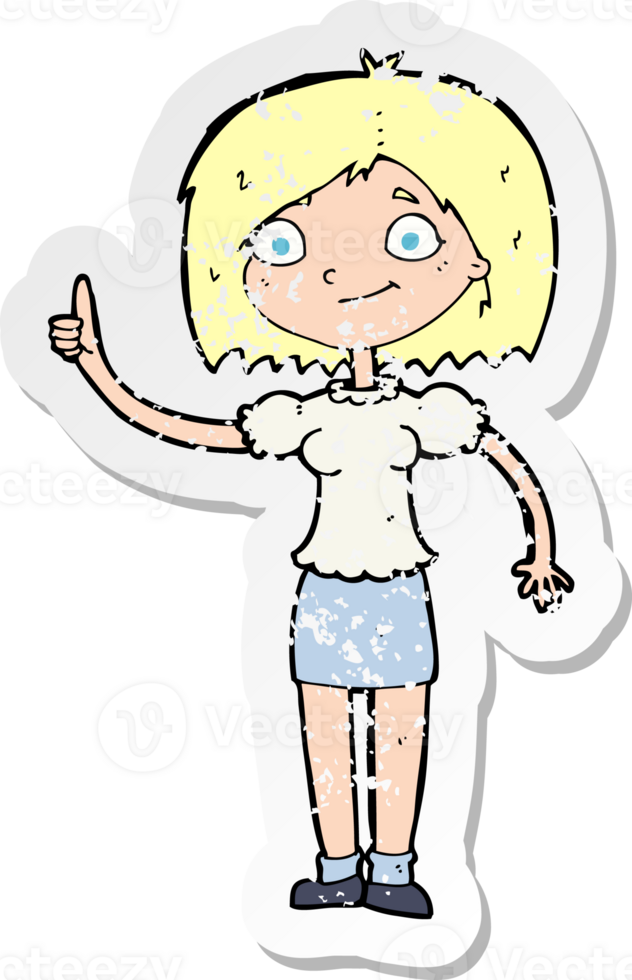 retro distressed sticker of a cartoon woman with idea png