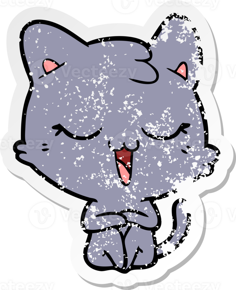 distressed sticker of a happy cartoon cat png