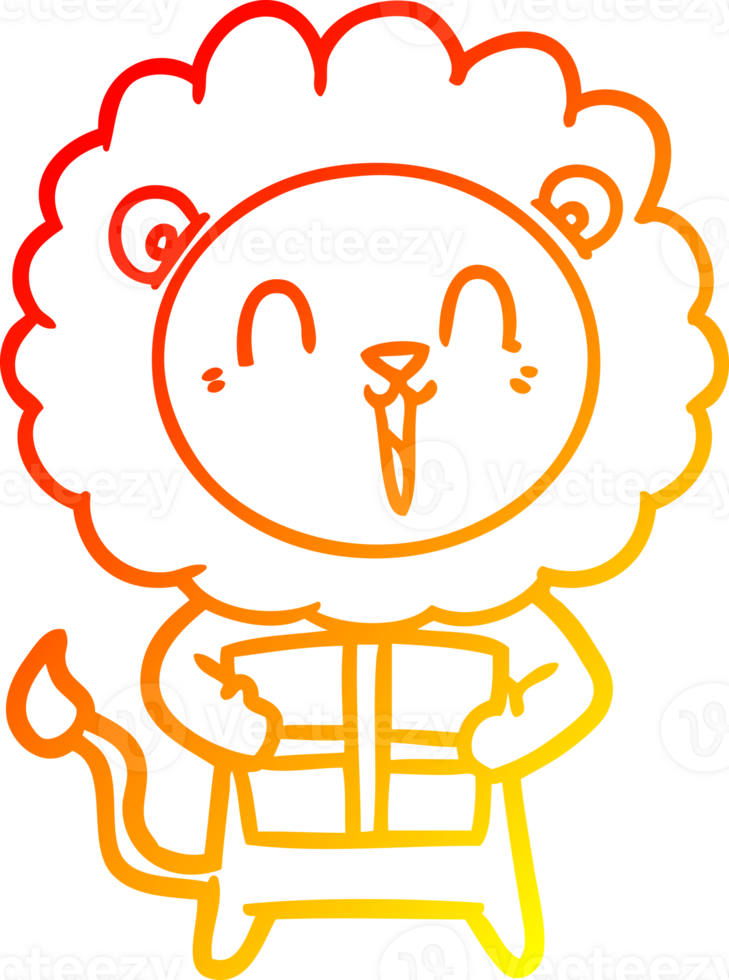 warm gradient line drawing of a laughing lion cartoon with christmas present png