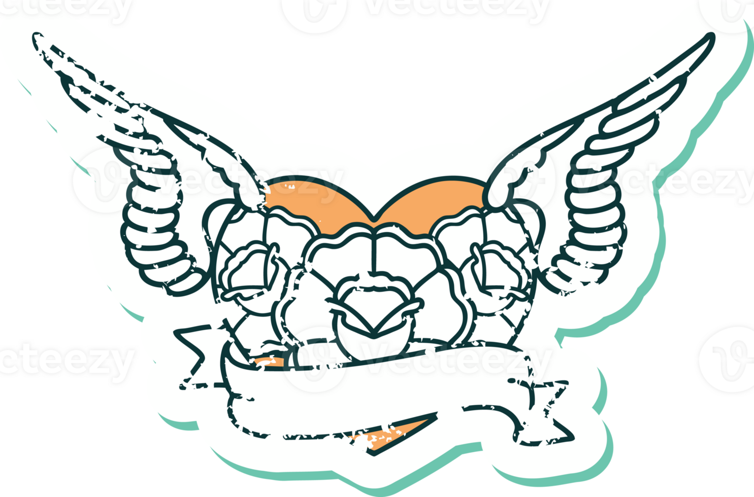 iconic distressed sticker tattoo style image of a flying heart with flowers and banner png