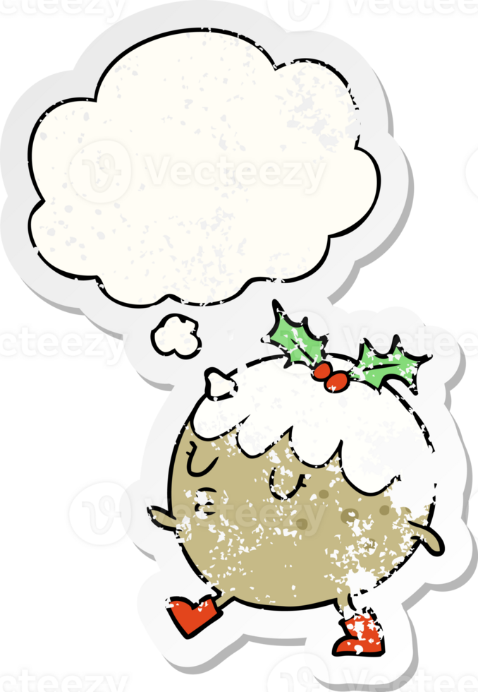 cartoon chrstmas pudding walking with thought bubble as a distressed worn sticker png