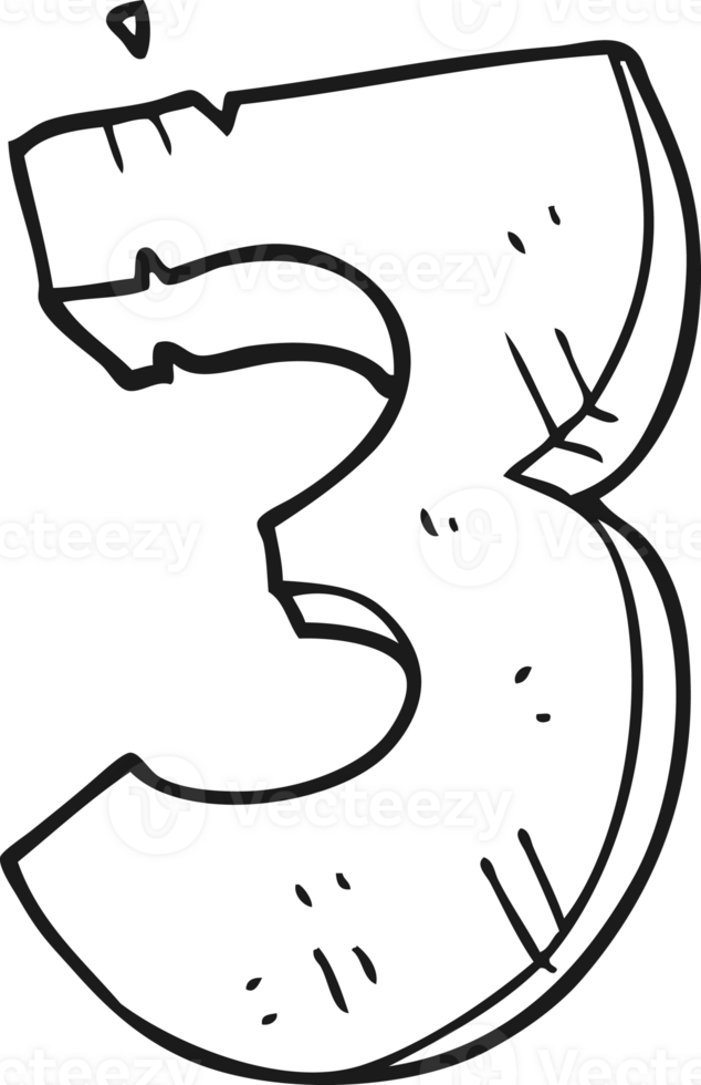 hand drawn black and white cartoon stone number three png