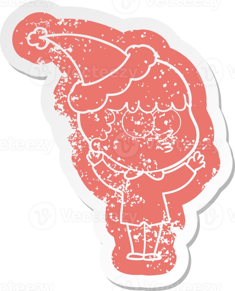 quirky cartoon distressed sticker of a curious boy wearing santa hat png