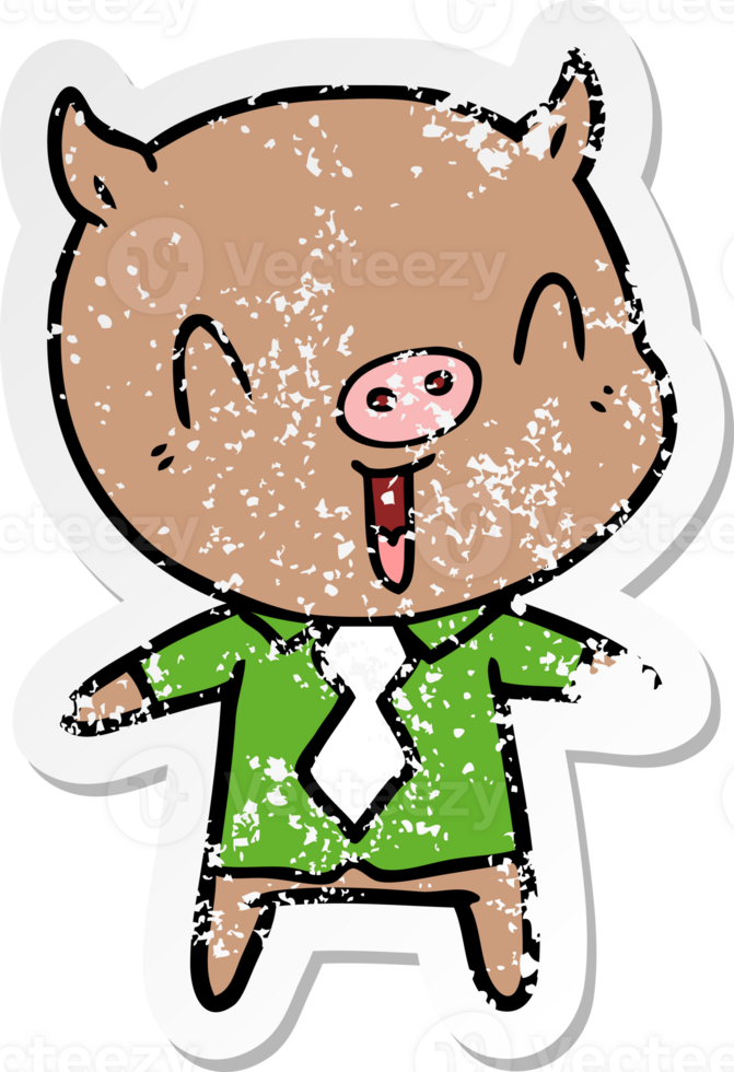 distressed sticker of a happy cartoon pig wearing shirt and tie png
