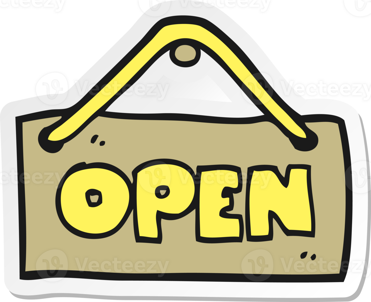 sticker of a cartoon open shop sign png