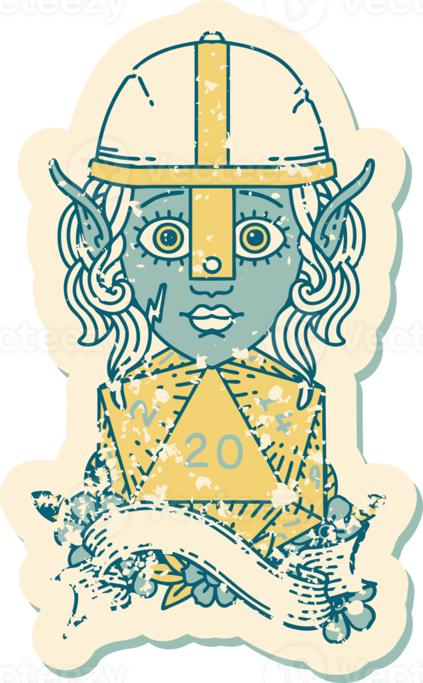 Retro Tattoo Style elf fighter character with natural twenty dice roll png