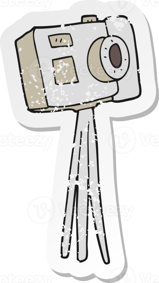 retro distressed sticker of a cartoon camera on tripod png