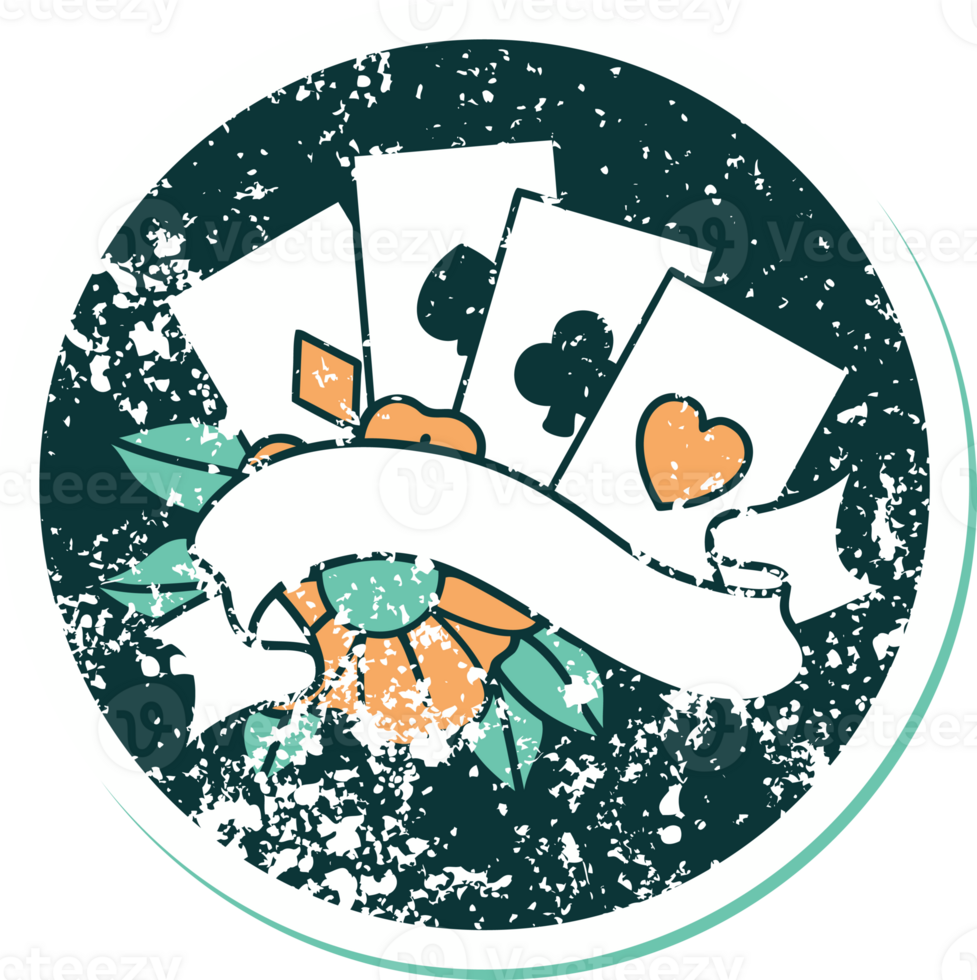 iconic distressed sticker tattoo style image of cards and banner png