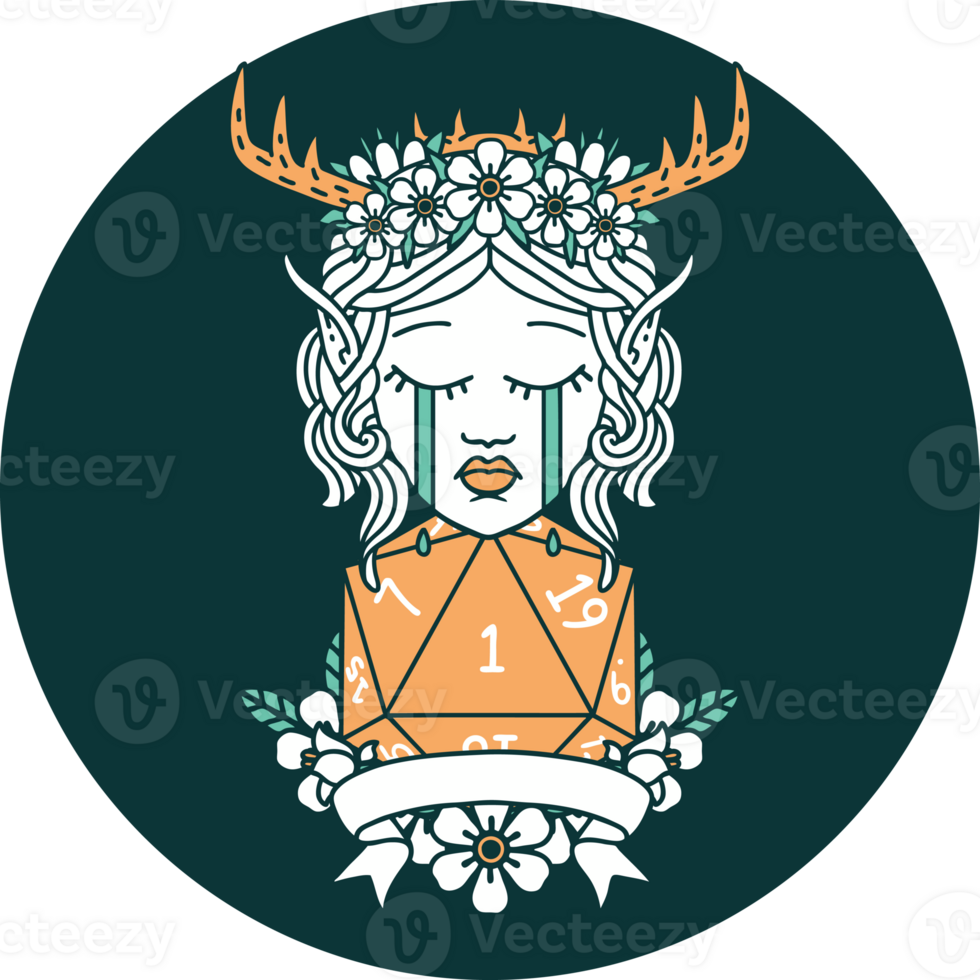 icon of sad elf druid character face with natural one D20 roll png