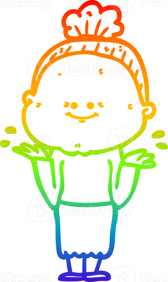 rainbow gradient line drawing of a cartoon happy old woman png