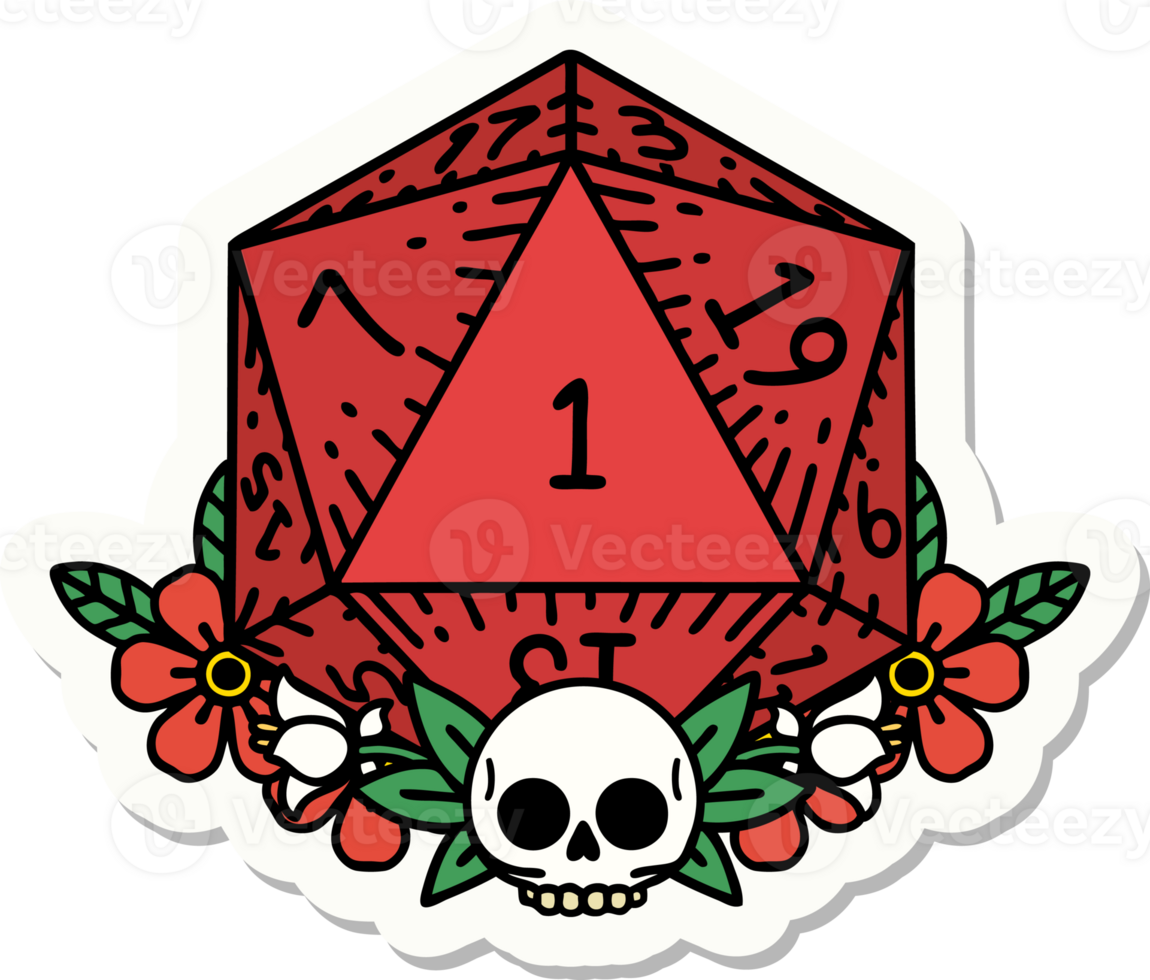 sticker of a natural one dice roll with floral elements png