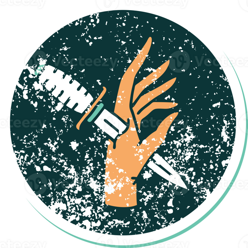 iconic distressed sticker tattoo style image of a dagger in the hand png
