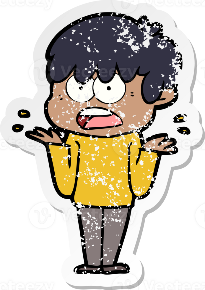 distressed sticker of a worried cartoon boy png