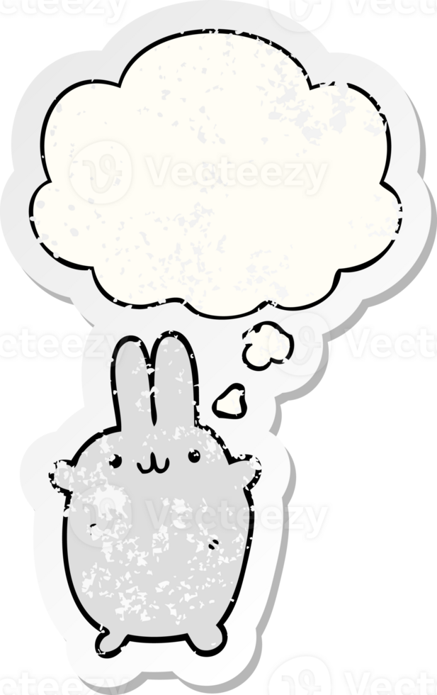 cartoon rabbit with thought bubble as a distressed worn sticker png