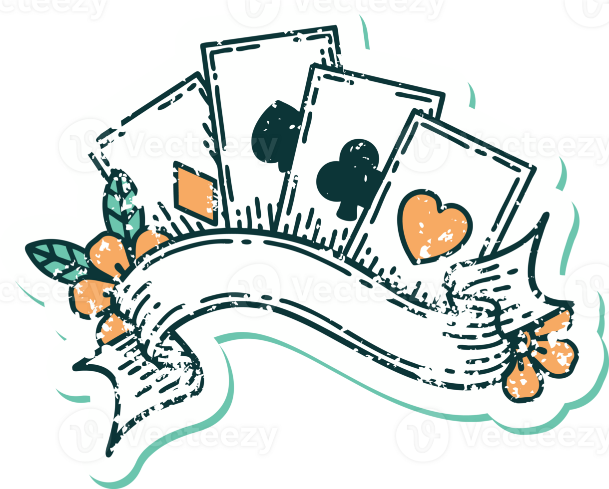iconic distressed sticker tattoo style image of cards and banner png