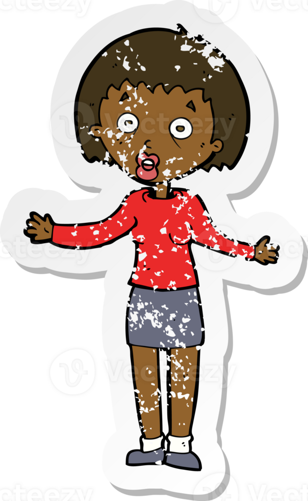 retro distressed sticker of a cartoon woman making excuses png