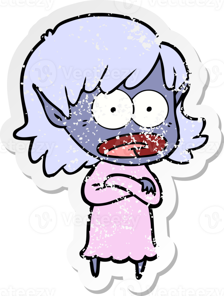 distressed sticker of a cartoon shocked elf girl png