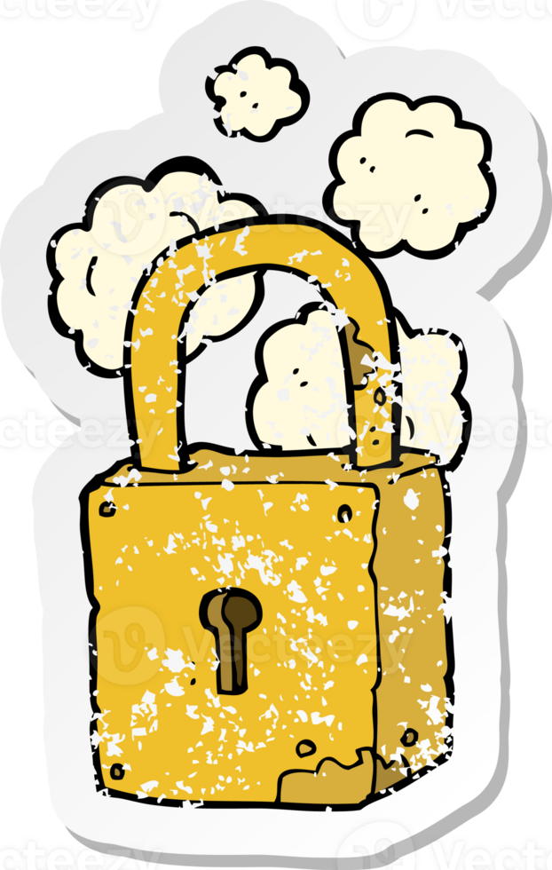 retro distressed sticker of a cartoon rusty lock png