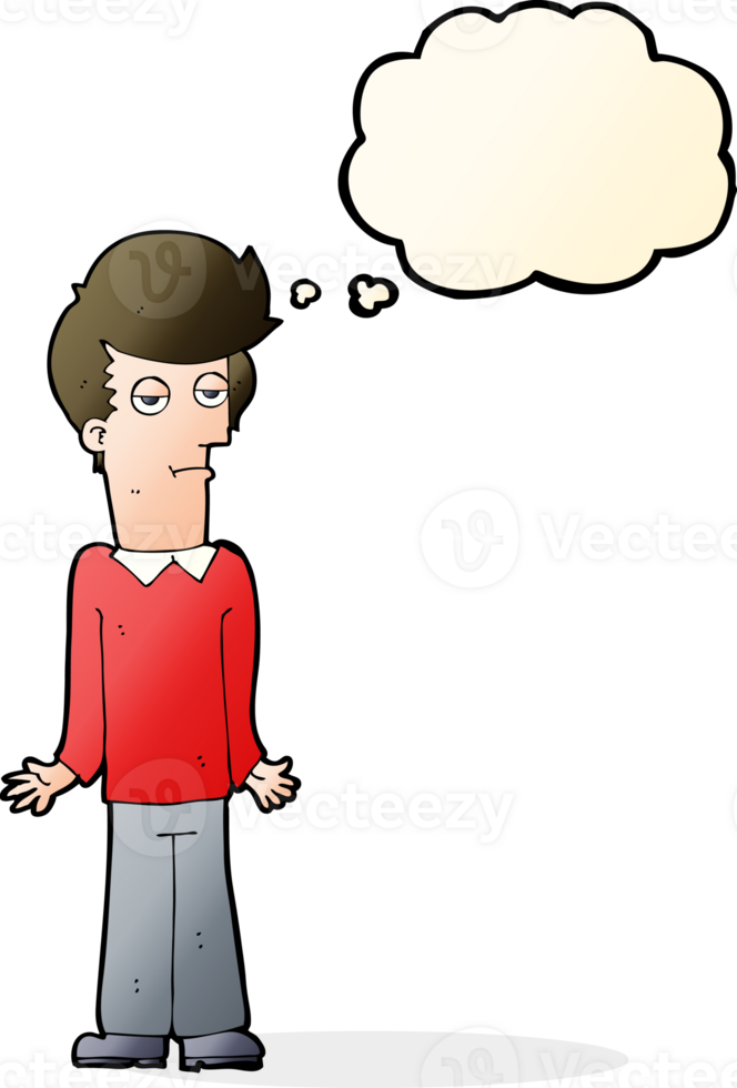 cartoon bored man shrugging shoulders with thought bubble png