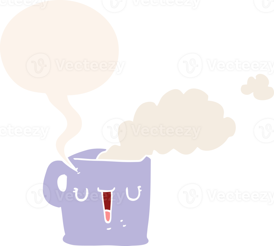 cartoon hot cup of coffee with speech bubble in retro style png