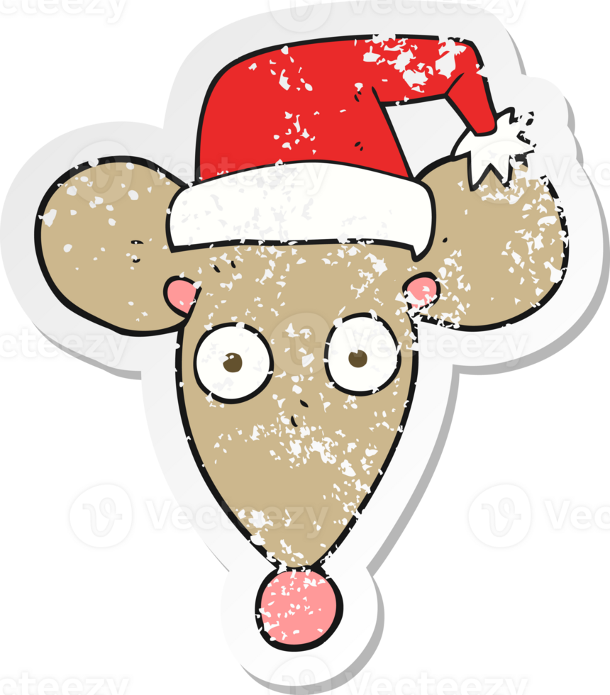 retro distressed sticker of a cartoon mouse in christmas hat png