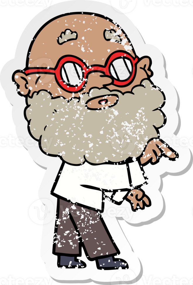 distressed sticker of a cartoon curious man with beard and glasses png