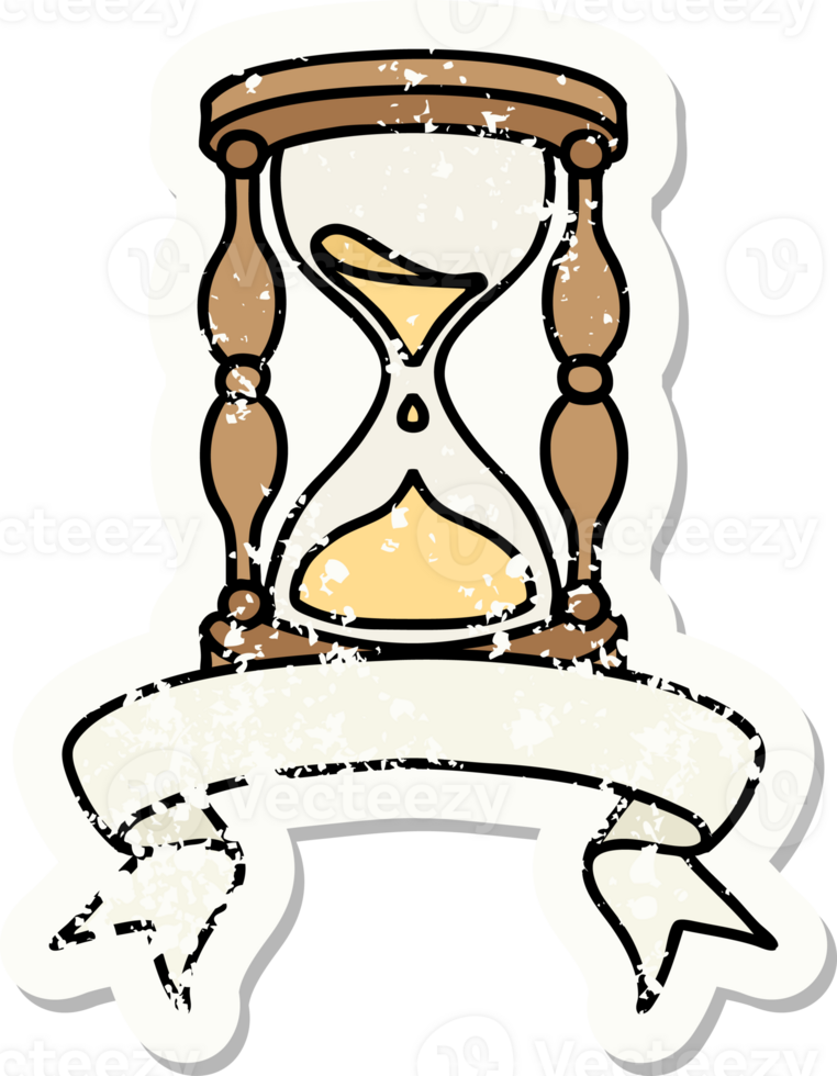worn old sticker with banner of an hour glass png