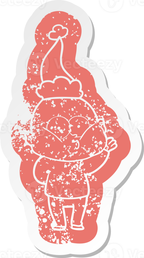 quirky cartoon distressed sticker of a bald man staring wearing santa hat png