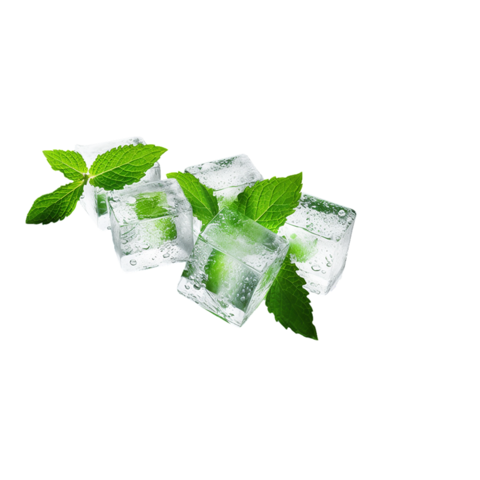 generated ai ice cubes with mint leaves on a transparent background png