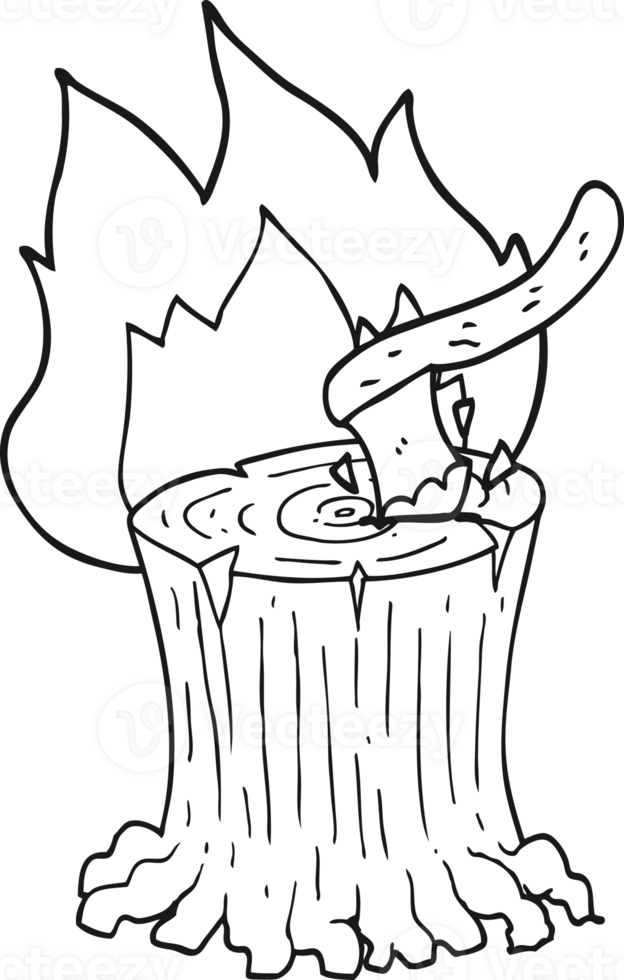 hand drawn black and white cartoon axe in a flaming tree stump png