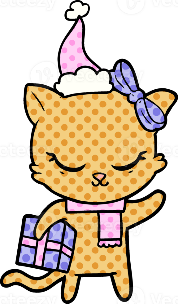 cute hand drawn comic book style illustration of a cat with present wearing santa hat png