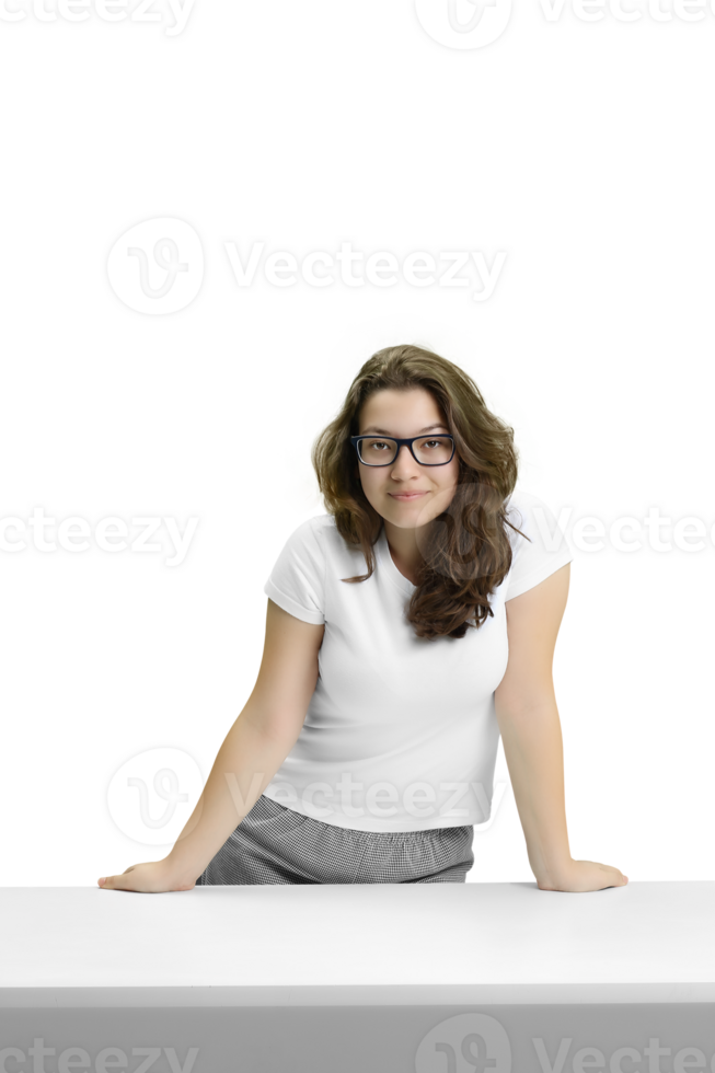 young and friendly teacher at her desk interacting the class png