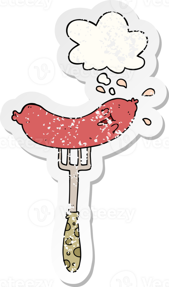 cartoon happy sausage on fork with thought bubble as a distressed worn sticker png
