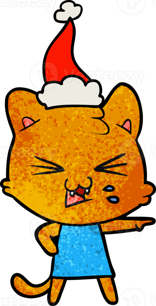 hand drawn textured cartoon of a cat hissing wearing santa hat png