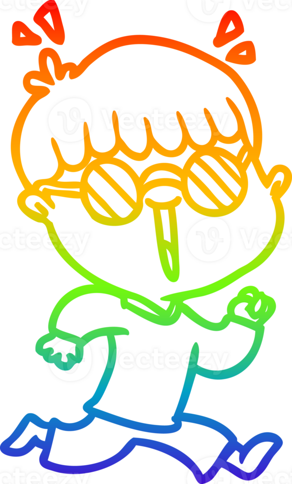 rainbow gradient line drawing of a cartoon running boy wearing spectacles png