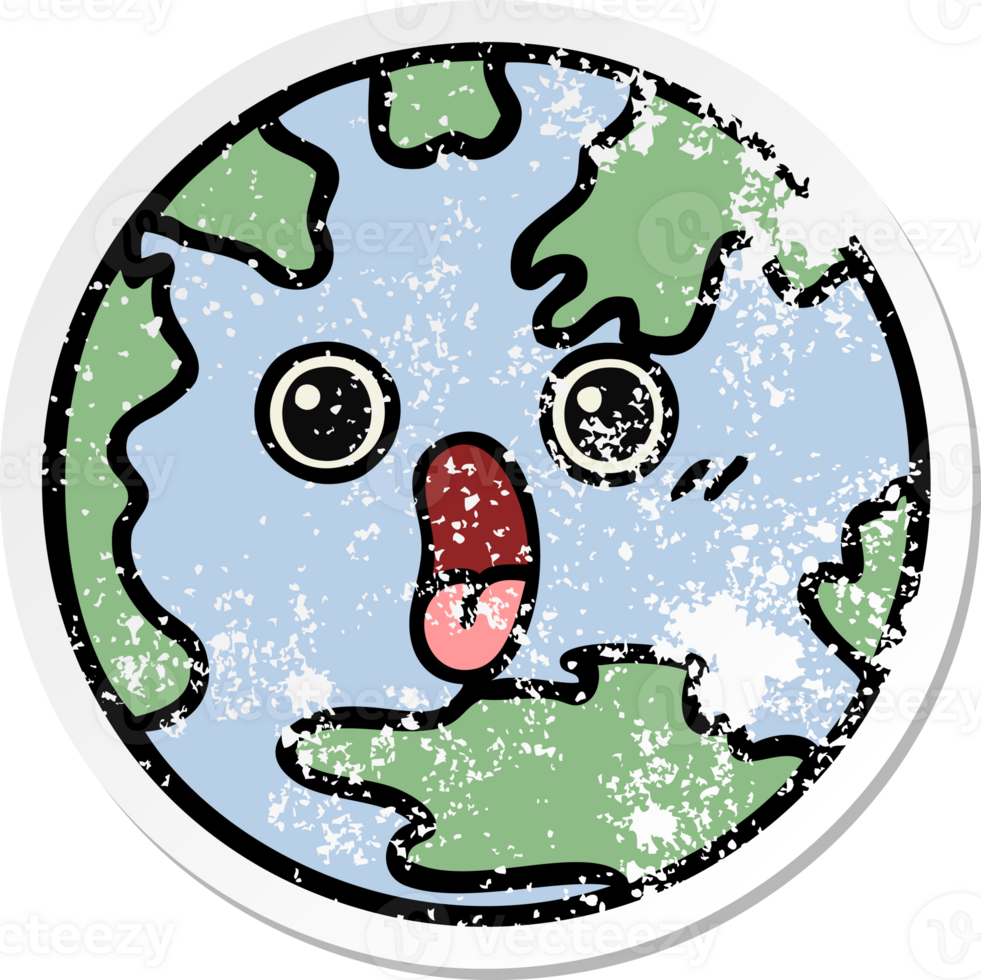 distressed sticker of a cute cartoon planet earth png
