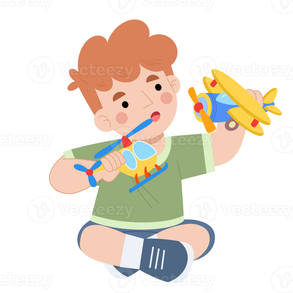Boy playing toy airplane illustration png