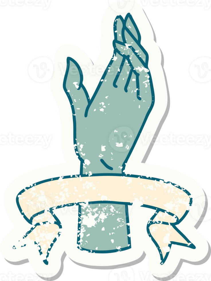 worn old sticker with banner of a hand png