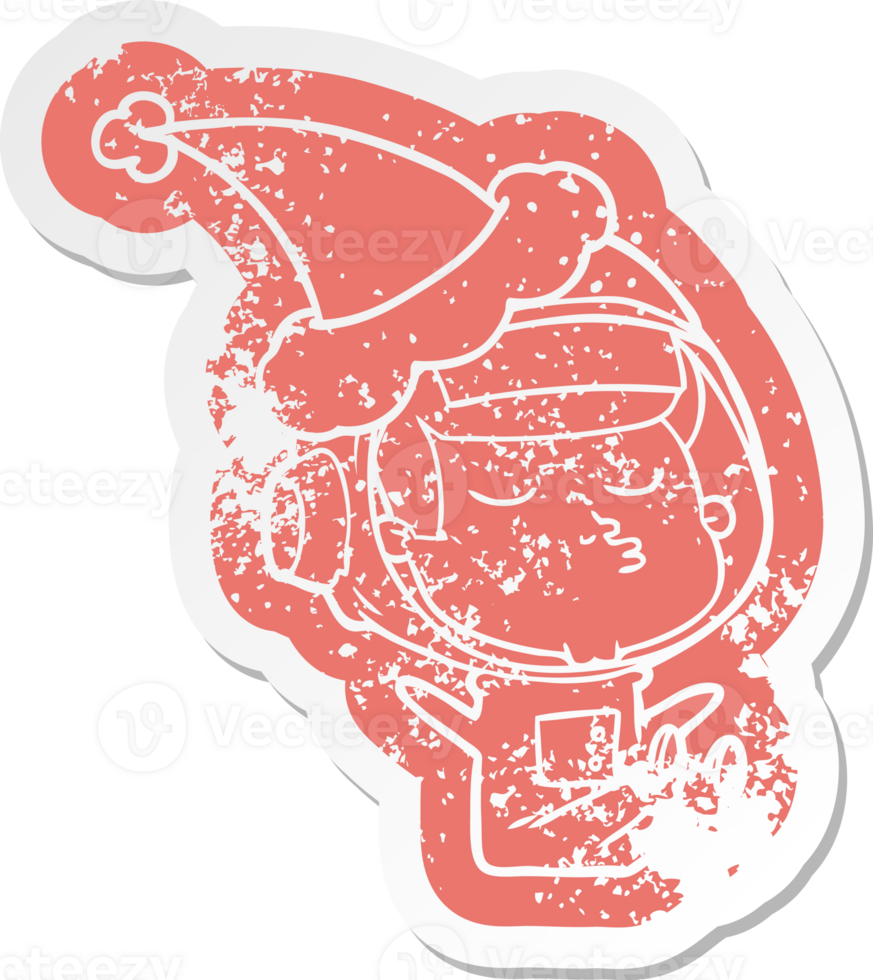 quirky cartoon distressed sticker of a confident astronaut wearing santa hat png